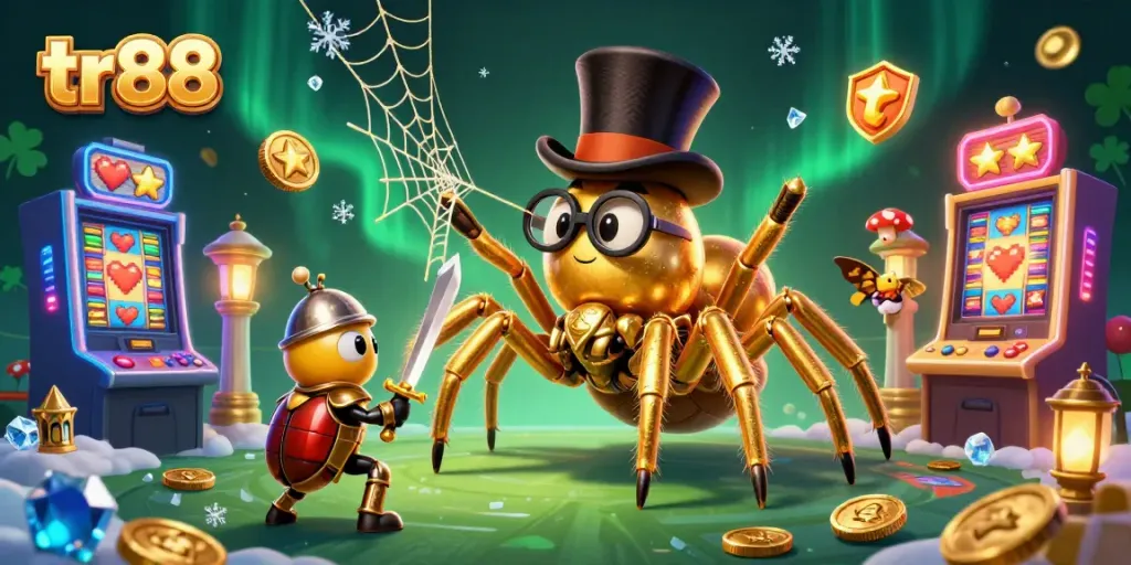 Spin the reels with tr88 as a golden tarantula weaves webbing between casino pillars, creating a lively gambling scene.