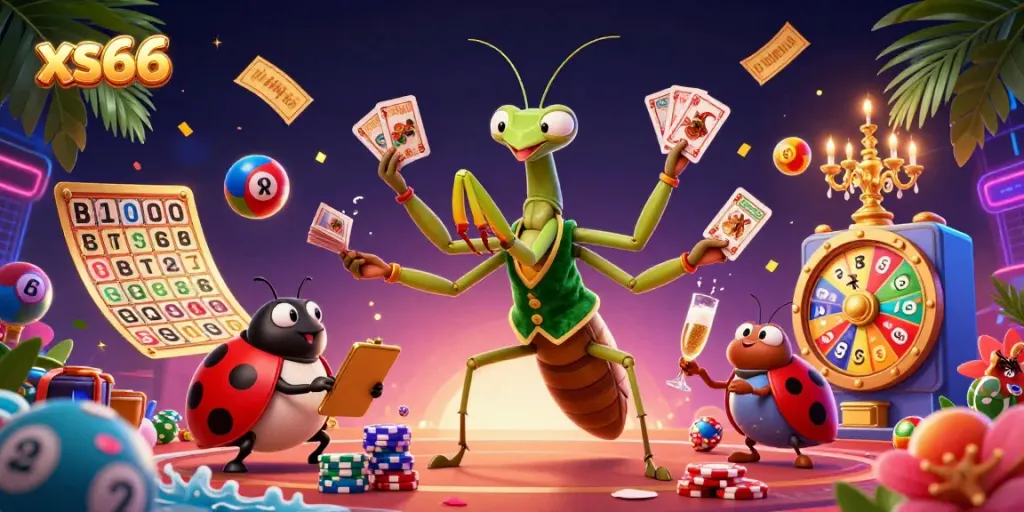 Engage with xs66 as a vibrant illustrated casino scene featuring a giant card sharp and dynamic lottery elements.