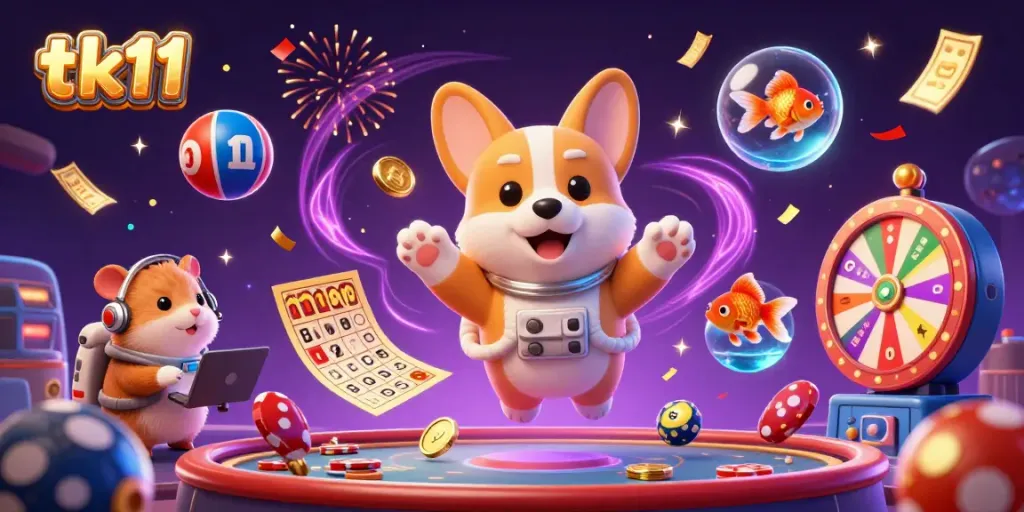 Experience tk11's vibrant space casino scene with an astronaut corgi and lottery excitement.