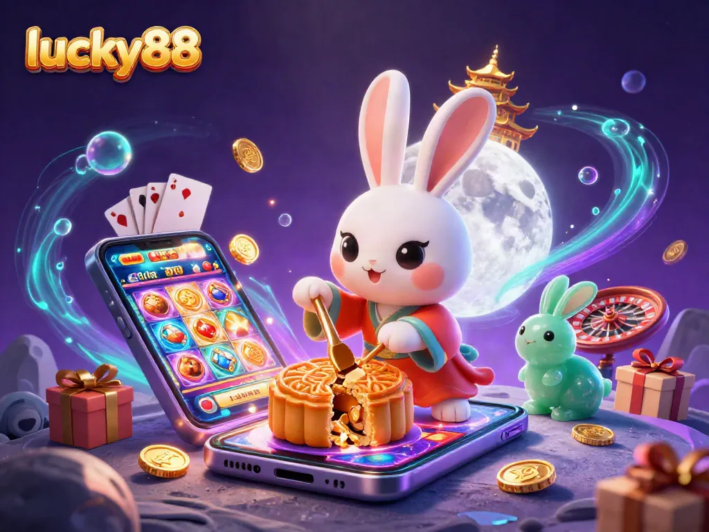 Experience lucky88 with the moon rabbit as it reveals poker chips while gaming elements surround the scene.