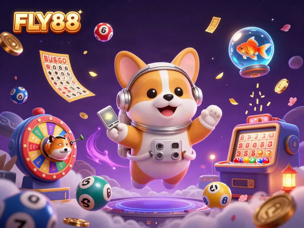 Win big with FLY88 in this vibrant 3D casino scene featuring dynamic gaming elements.