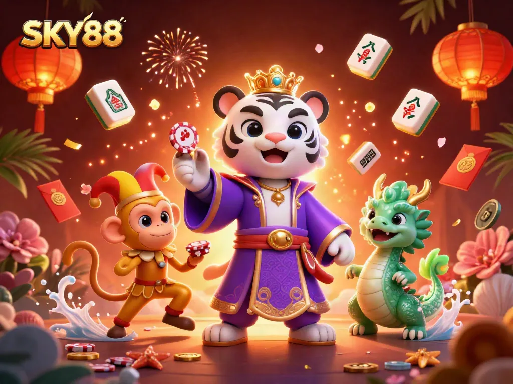 Play slots and win big with SKY88's enchanting casino scene featuring vibrant characters and rich elements.