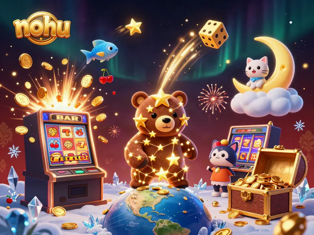 Spin the nohu slot machine with golden coins and colorful game symbols exploding in a lively 3D casino scene.