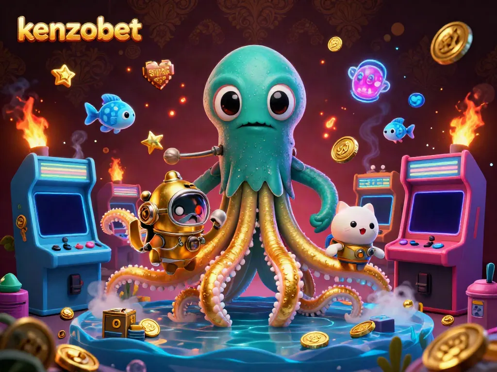 Engage in thrilling adventures with kenzobet, featuring a cartoon kraken and arcade games in a dazzling underwater casino.
