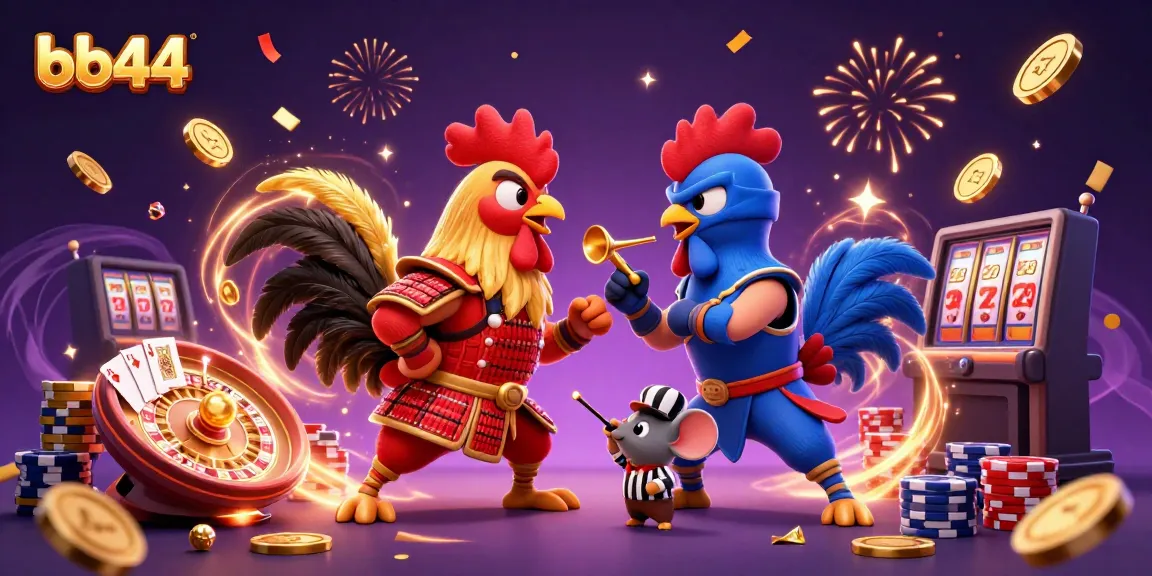 Engage with bb44 as twin fighting roosters clash in a vibrant casino scene filled with golden coins and cards.