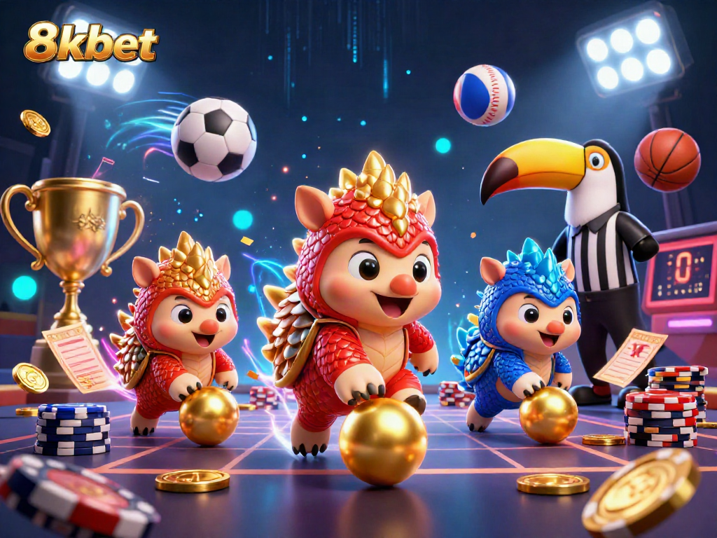 Engage in thrilling gameplay at 8xbet, where cartoon pangolins bowl through poker chips amidst vibrant casino elements.