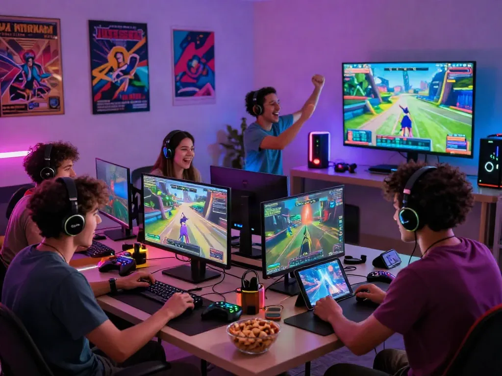 Friends playing lumbung88 online games with excitement and energy in a vibrant living room.