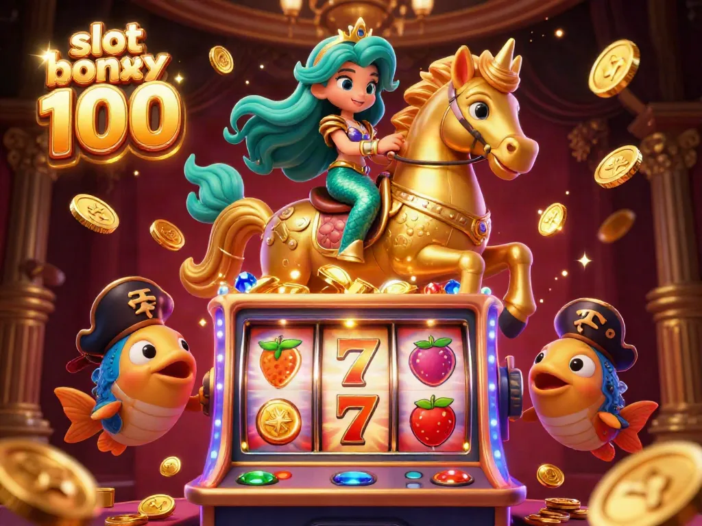 Engage with the lively slot bonus 100 scene showcasing vibrant characters around a dynamic slot machine in a luxury casino.