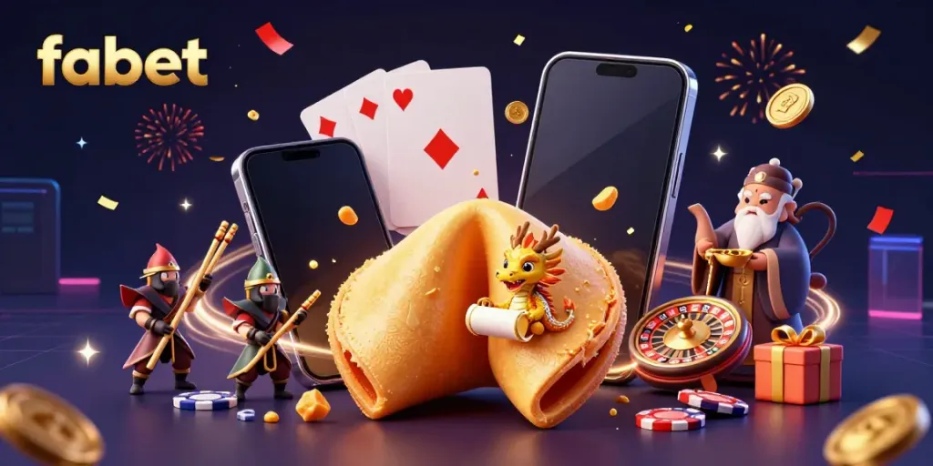 Experience the excitement of fabet with a giant golden fortune cookie and gaming elements in a vibrant 3D scene.