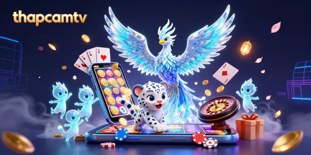 Engage with thapcamtv featuring an ice phoenix, snow leopard cub, and vibrant casino elements.