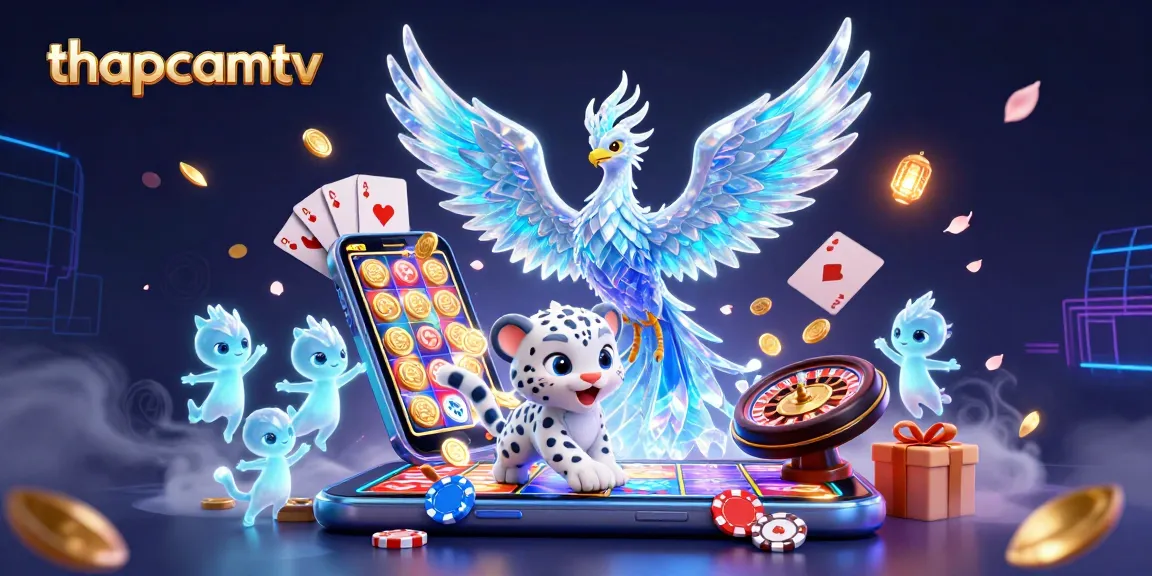 Engage with thapcamtv featuring an ice phoenix, snow leopard cub, and vibrant casino elements.