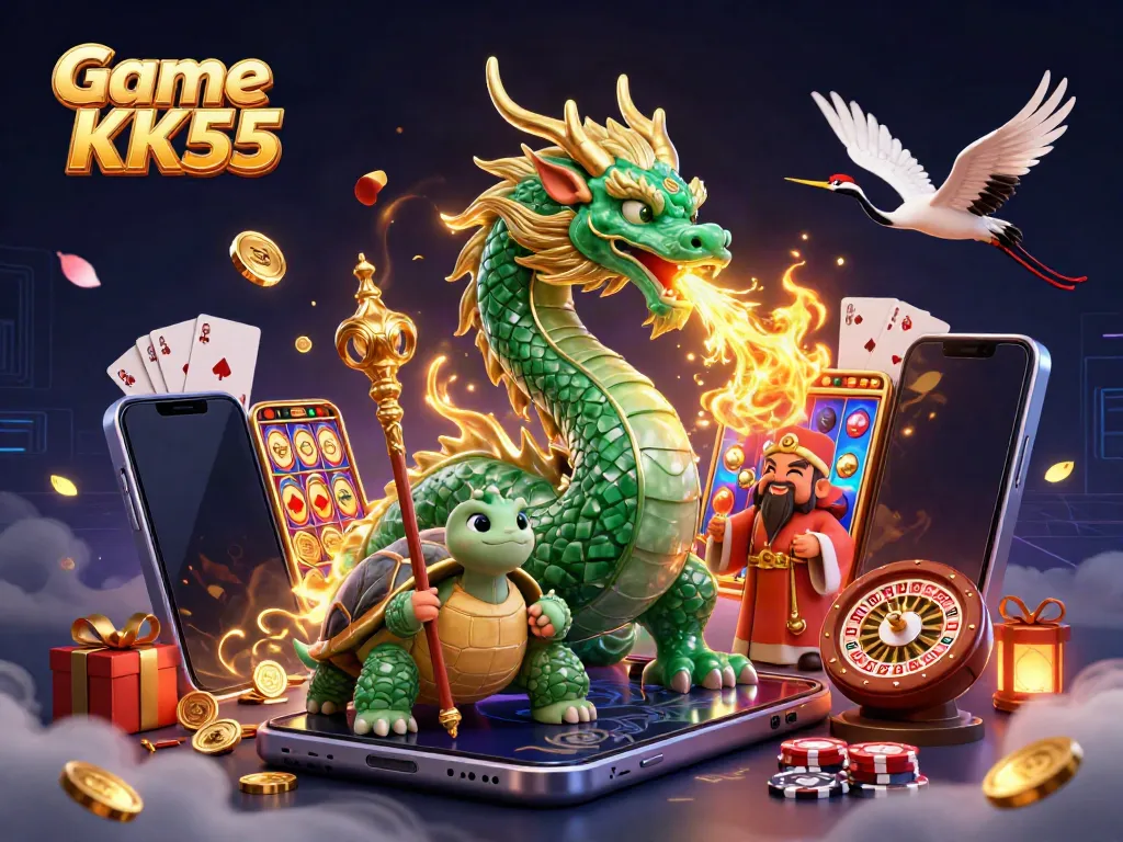 Experience exciting gameplay with Game KK55 featuring a vibrant 3D scene of a jade dragon and turtle with casino elements.