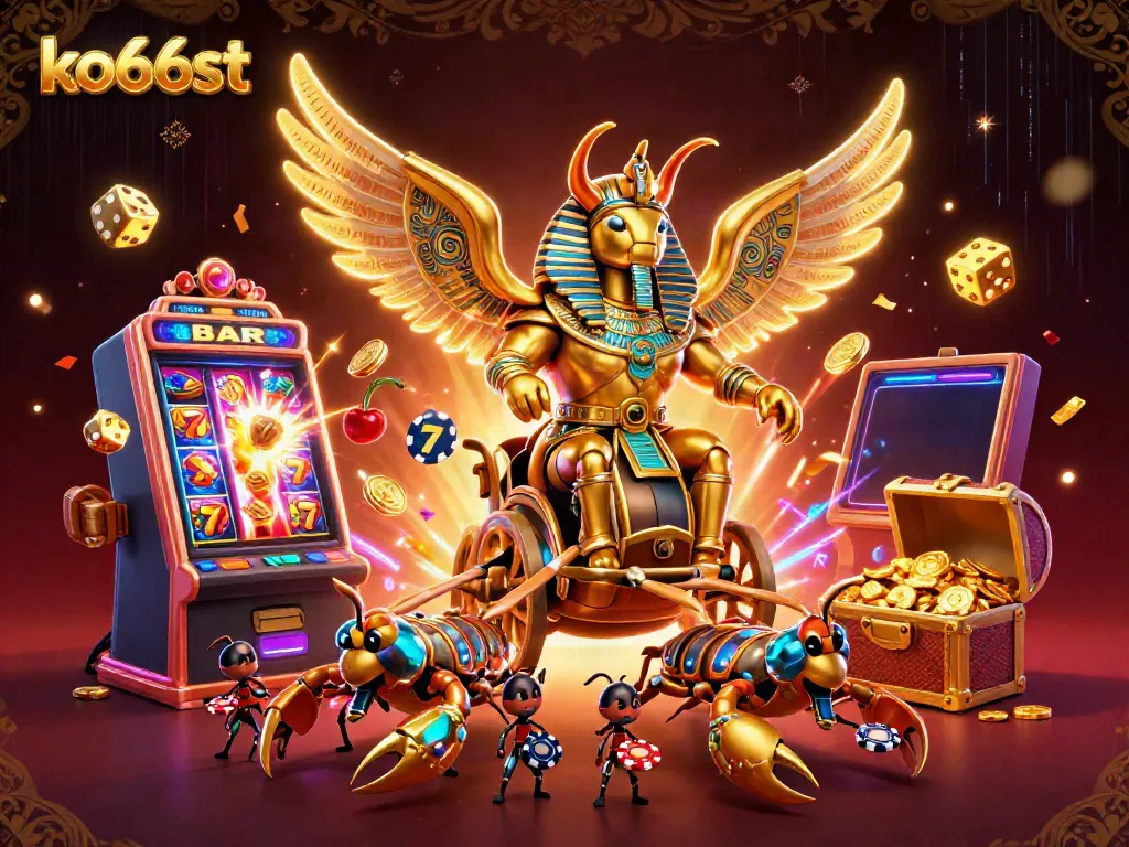 Experience thrilling gameplay in ko66st with a vibrant 3D scene featuring golden scarabs, jackpot explosions, and animated casino elements.