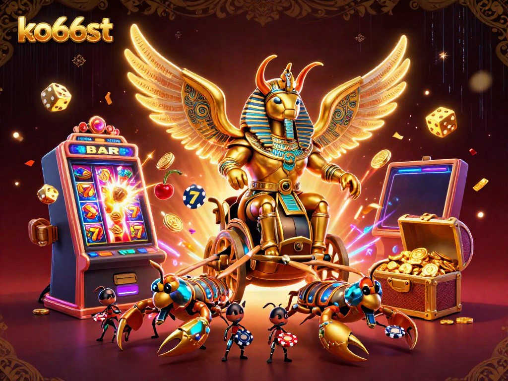 Experience thrilling gameplay in ko66st with a vibrant 3D scene featuring golden scarabs, jackpot explosions, and animated casino elements.