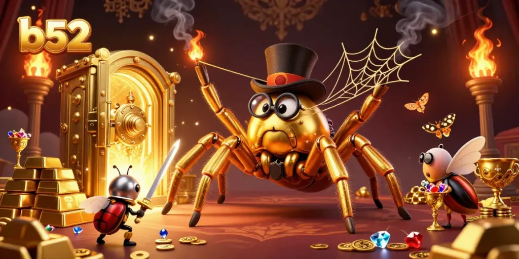 Experience b52 with a thrilling game scene featuring a golden tarantula, knight, and treasures.