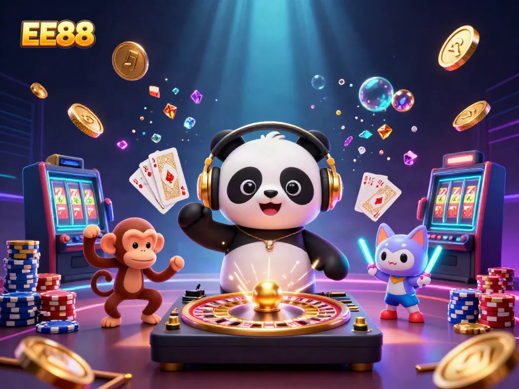 EE88 immersive casino scene with a DJ panda and a dancing monkey amidst flying coins and vibrant gems.