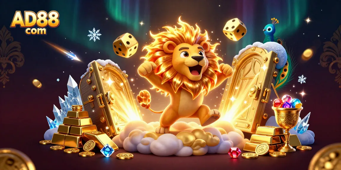 Experience the thrill of AD88 com's vibrant casino with dynamic gaming elements and golden treasures.