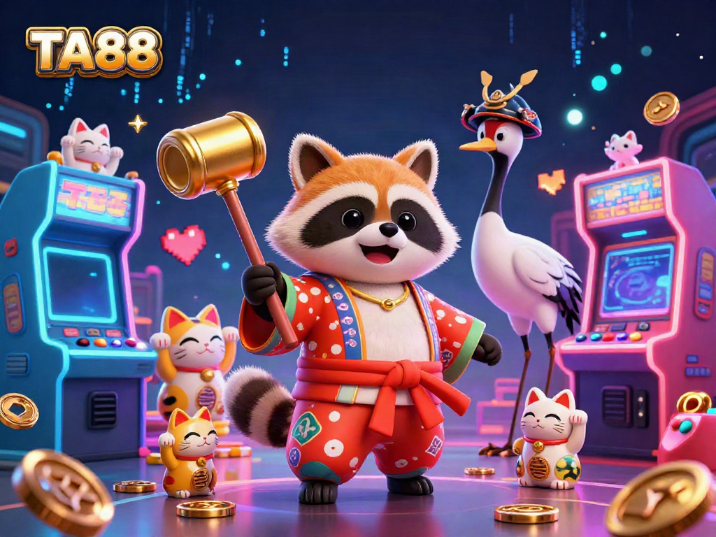Experience the excitement at TA88's vibrant casino, featuring a cheerful tanuki and fortune cats in a lively scene.
