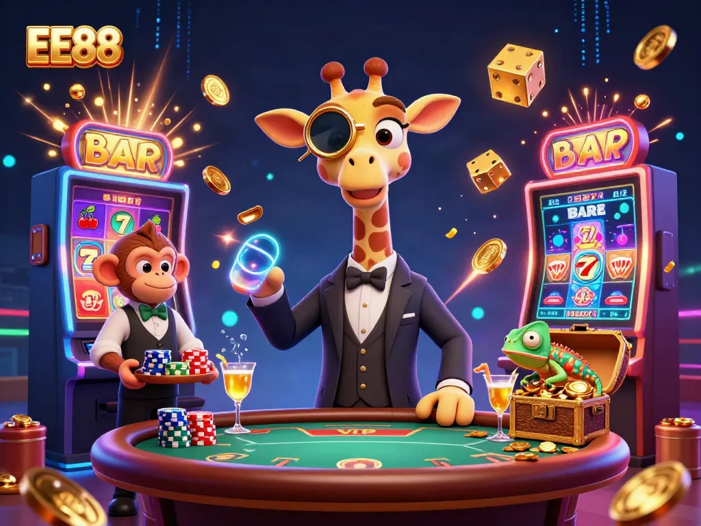 Experience exciting gameplay at EE88 with a millionaire giraffe and charming cocktail service in a vibrant casino scene.