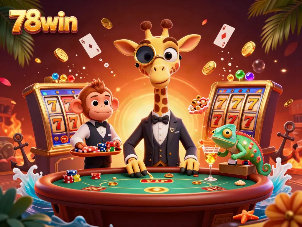 Experience the excitement of 78win with high-roller giraffe at a vip poker table, winning big!