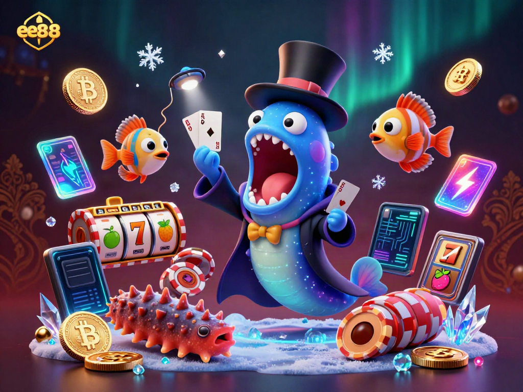 ee88 showcases a lively casino scene with characters delivering dazzling card tricks and glowing crypto elements.