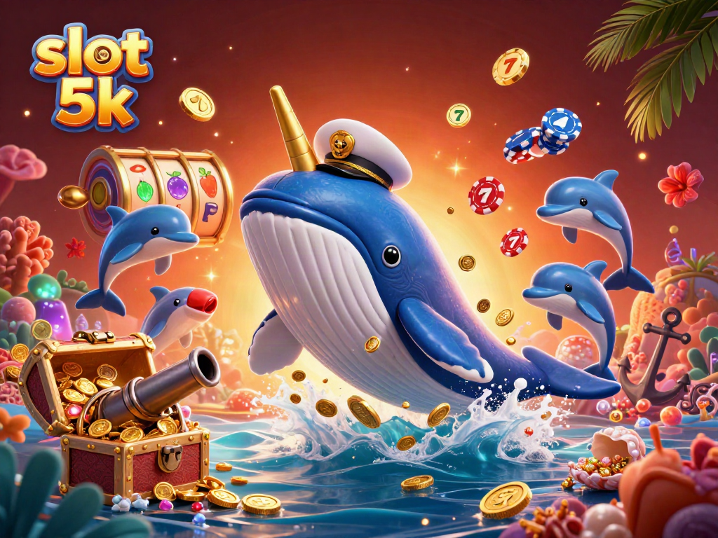 Experience slot 5k action with a vibrant whale and companions in a casino-themed underwater scene.