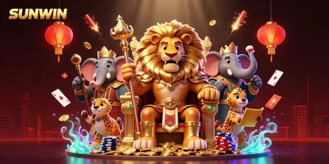 Experience the dynamic world of SUNWIN with a lion king and his advisors amidst colorful gambling elements.