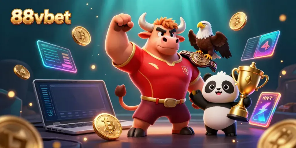 88vbet's casino champions celebrate winning strategies in a dynamic 3D illustration.