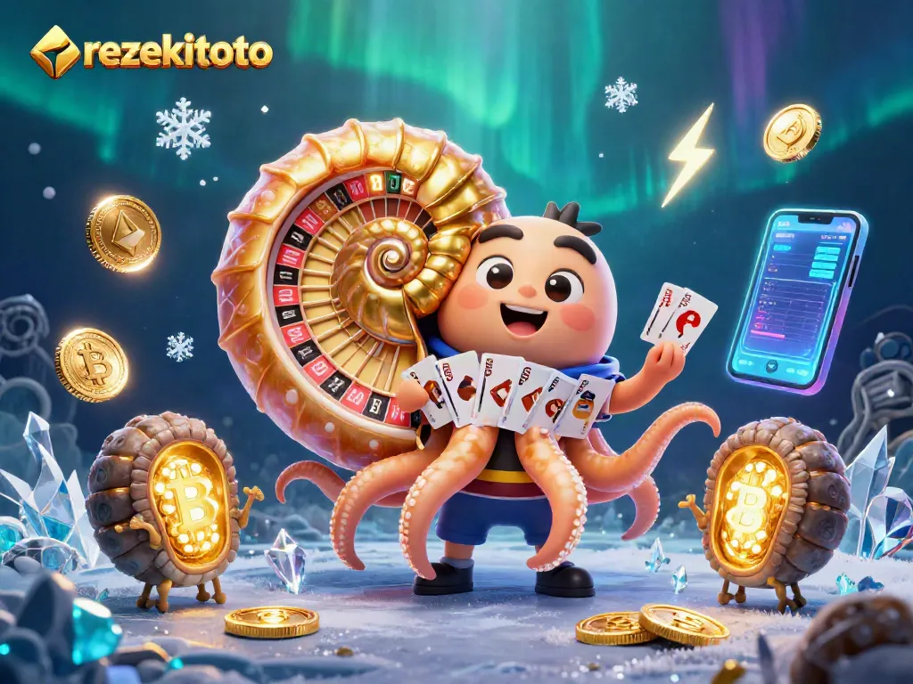 Engage with rezekitoto in a vibrant 3D casino experience featuring luminous nautilus and crypto elements.