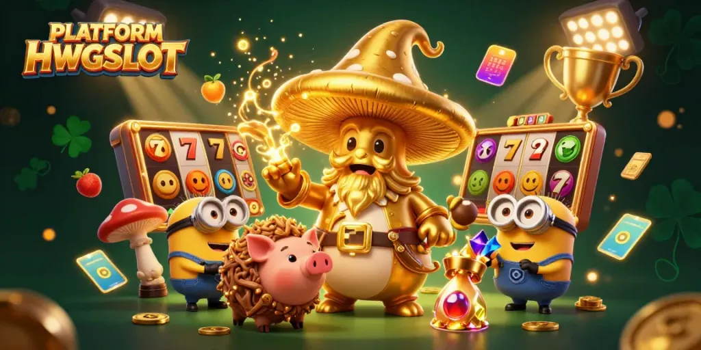 Experience the magic of PLATFORM HWGSLOT with golden treasures and dynamic slot elements in this vibrant scene.