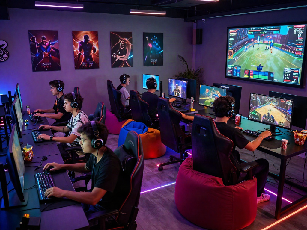 Engaged gamers at warung168 community hub enjoying multiplayer gaming experience.