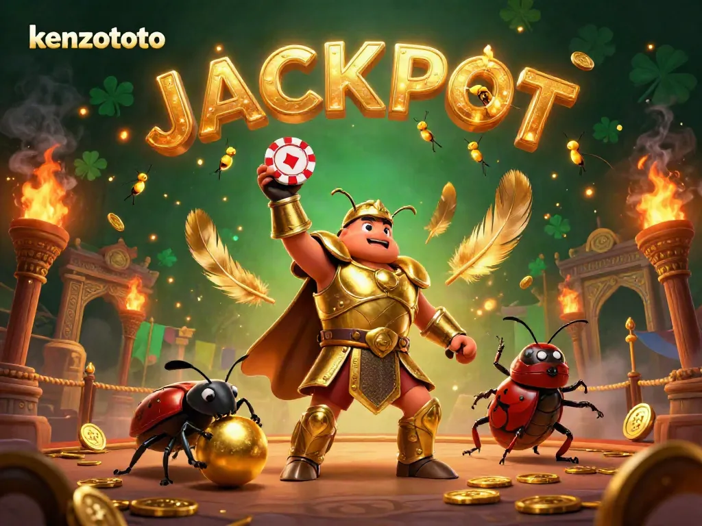 Engage with kenzototo in this vibrant 3D casino victory scene showcasing animated beetles and jackpot elements.