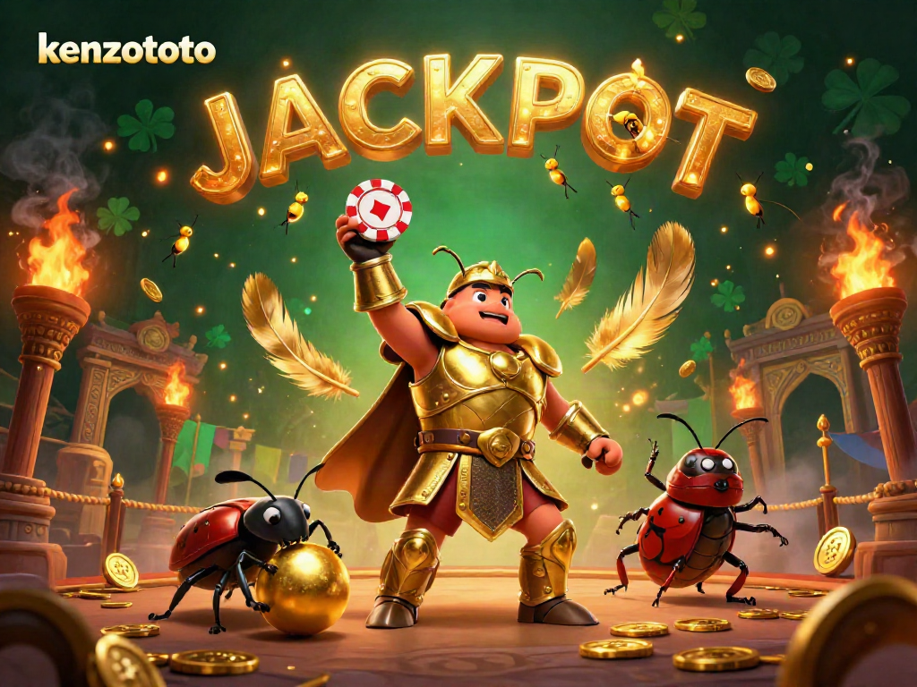 Engage with kenzototo in this vibrant 3D casino victory scene showcasing animated beetles and jackpot elements.