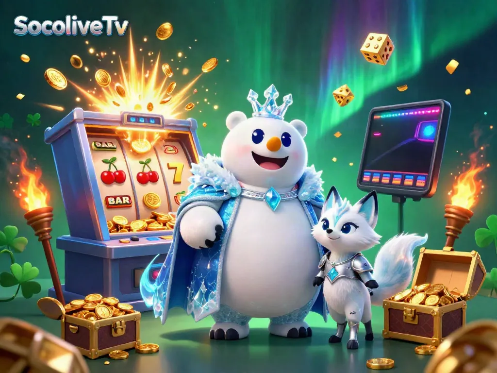 SocoliveTv engages players with an energetic cartoon scene featuring characters and vibrant gambling elements.