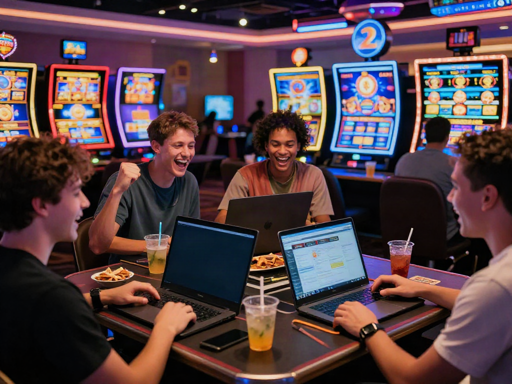Players enjoying slot Thailand games on devices in an exciting online casino atmosphere.