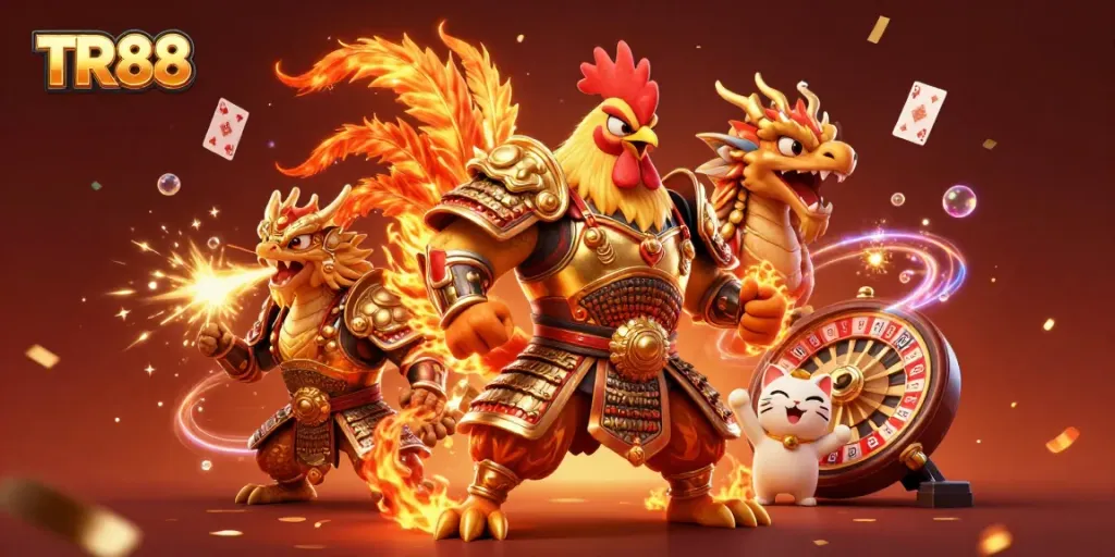 Engage in thrilling gambling adventures at TR88 with a vibrant scene of warriors, money, and celebration.