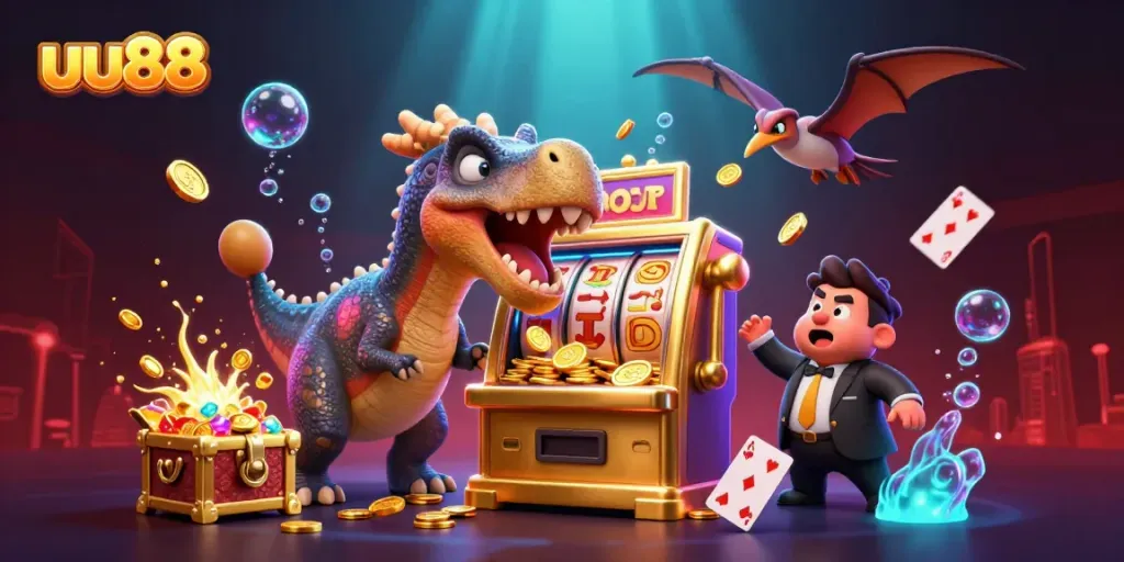 uu88 transforms gameplay as cartoon dinosaurs interact with a jackpot slot machine, capturing excitement.