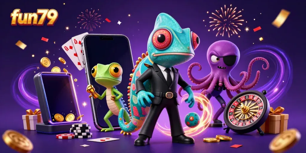 Experience fun79’s thrilling journey with a chameleon agent, gecko companion, and octopus villain amidst casino excitement.