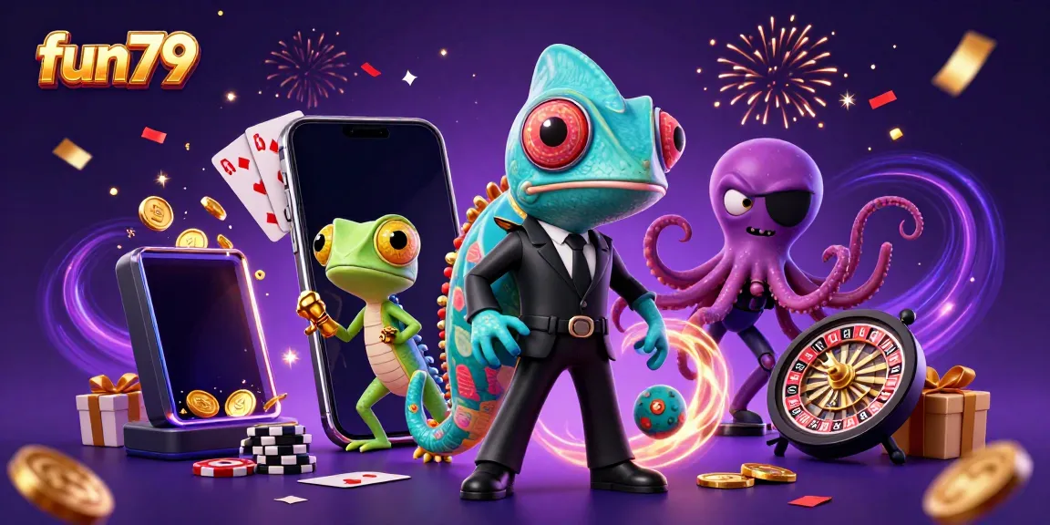 Experience fun79’s thrilling journey with a chameleon agent, gecko companion, and octopus villain amidst casino excitement.
