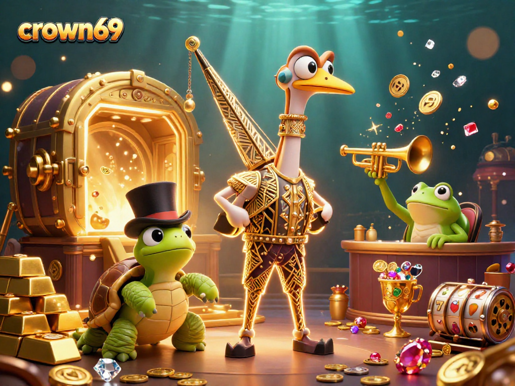 Crown69 showcases vibrant 3D illustration of a flapper crane, turtle, and frog at a speakeasy, featuring dynamic slot elements.