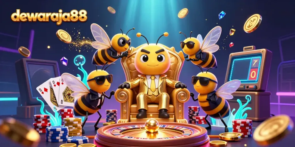 Putaran slot gacor DEWARAJA88 dikelilingi oleh karakter 3D mencolok dan elemen kasino berkilau.