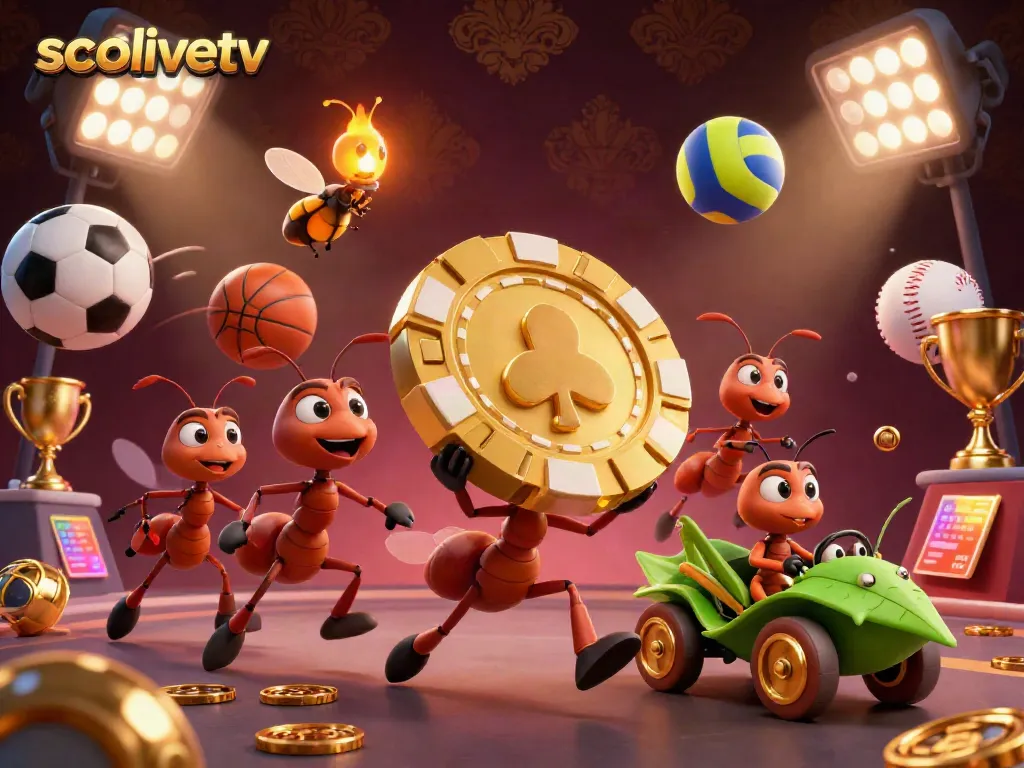 Experience the excitement of socolivetv with ants heisting a giant poker chip surrounded by sports elements.