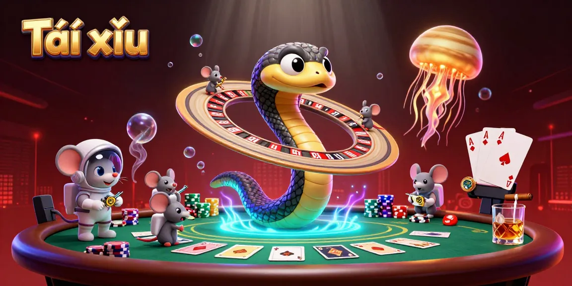 Engaging Tài xỉu scene with a cosmic dealer and astronaut mice betting on roulette rings.