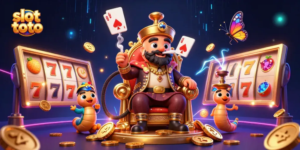 Slot toto menghadirkan karakter kartun ceria yang dikelilingi oleh simbol mesin slot berkilau.