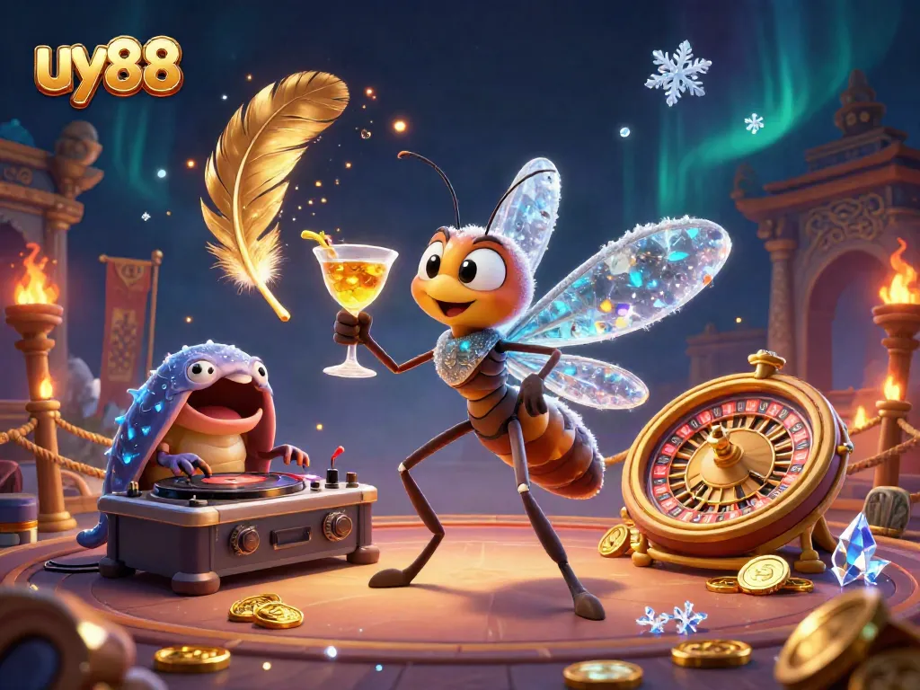 Engage with uy88's vibrant casino atmosphere featuring a frozen mosquito mascot and trilobite DJ.