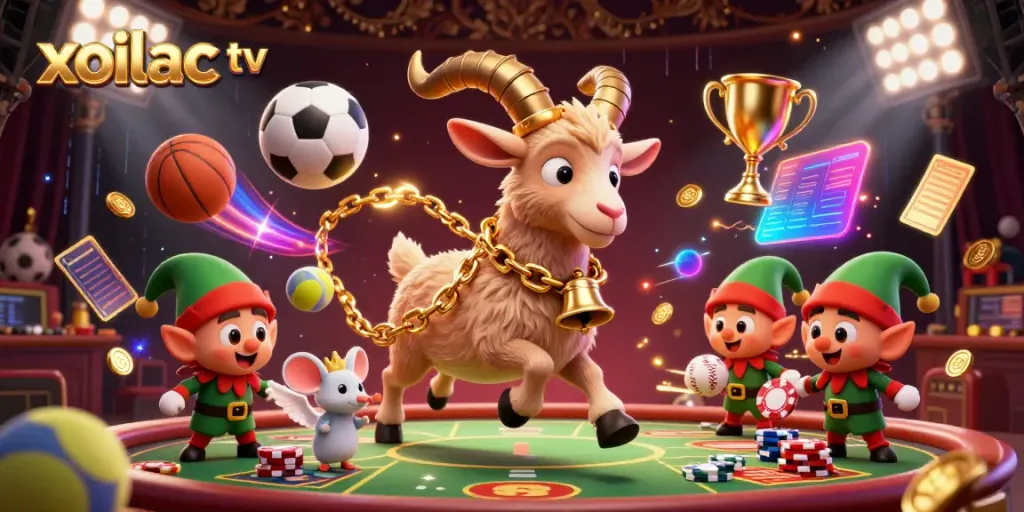 Experience the thrill of gambling with Xoilac TV as the festive Krampus goat oversees a lively sports casino.