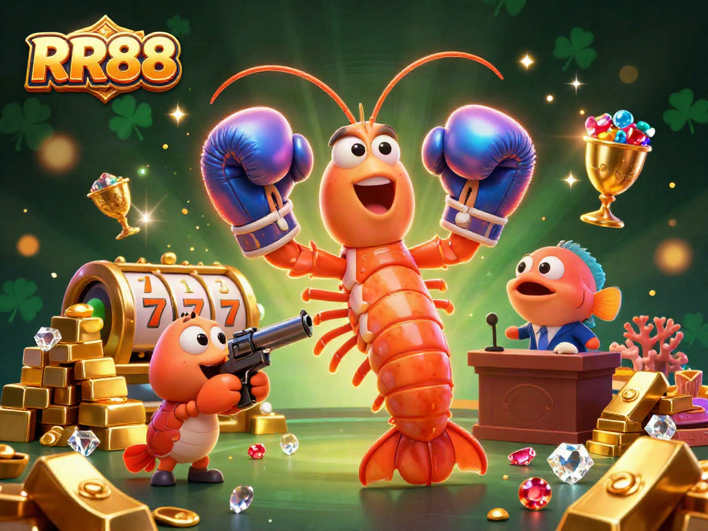 Experience excitement with RR88's 3D characters in a vibrant casino setting, surrounded by treasures.