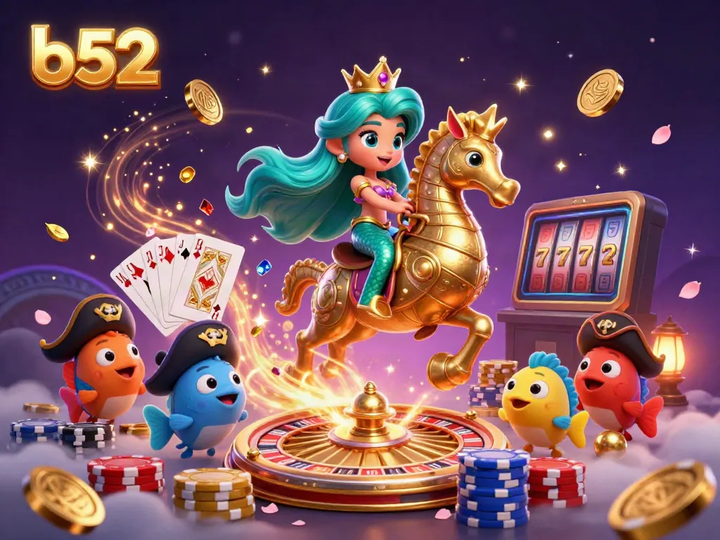 B52 themed casino adventure with a mermaid princess and a seahorse amidst golden coins and poker chips.