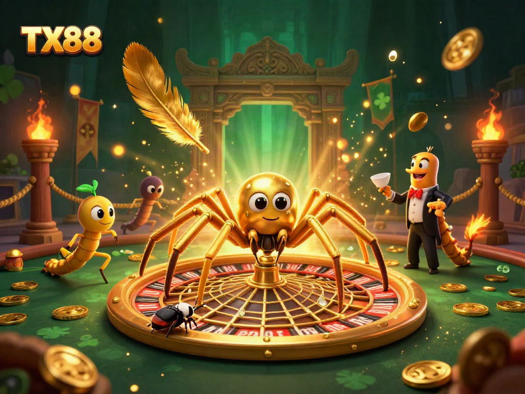 TX88 offers a thrilling casino experience with an illustrated spider and croupier at a roulette web.