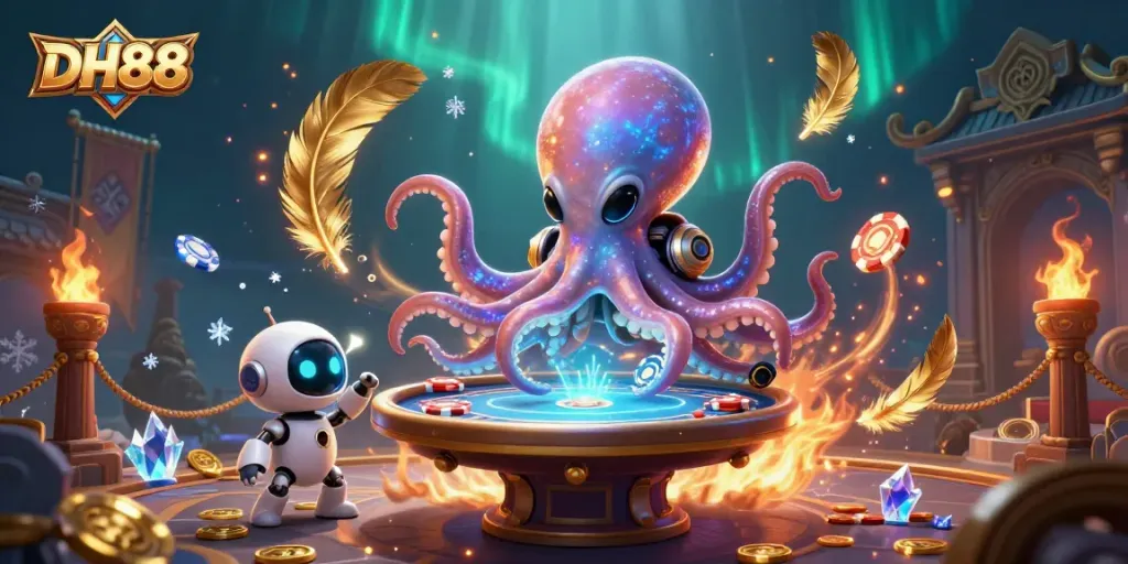 Engage in thrilling poker action with the unique DH88 alien octopus at a holographic table.